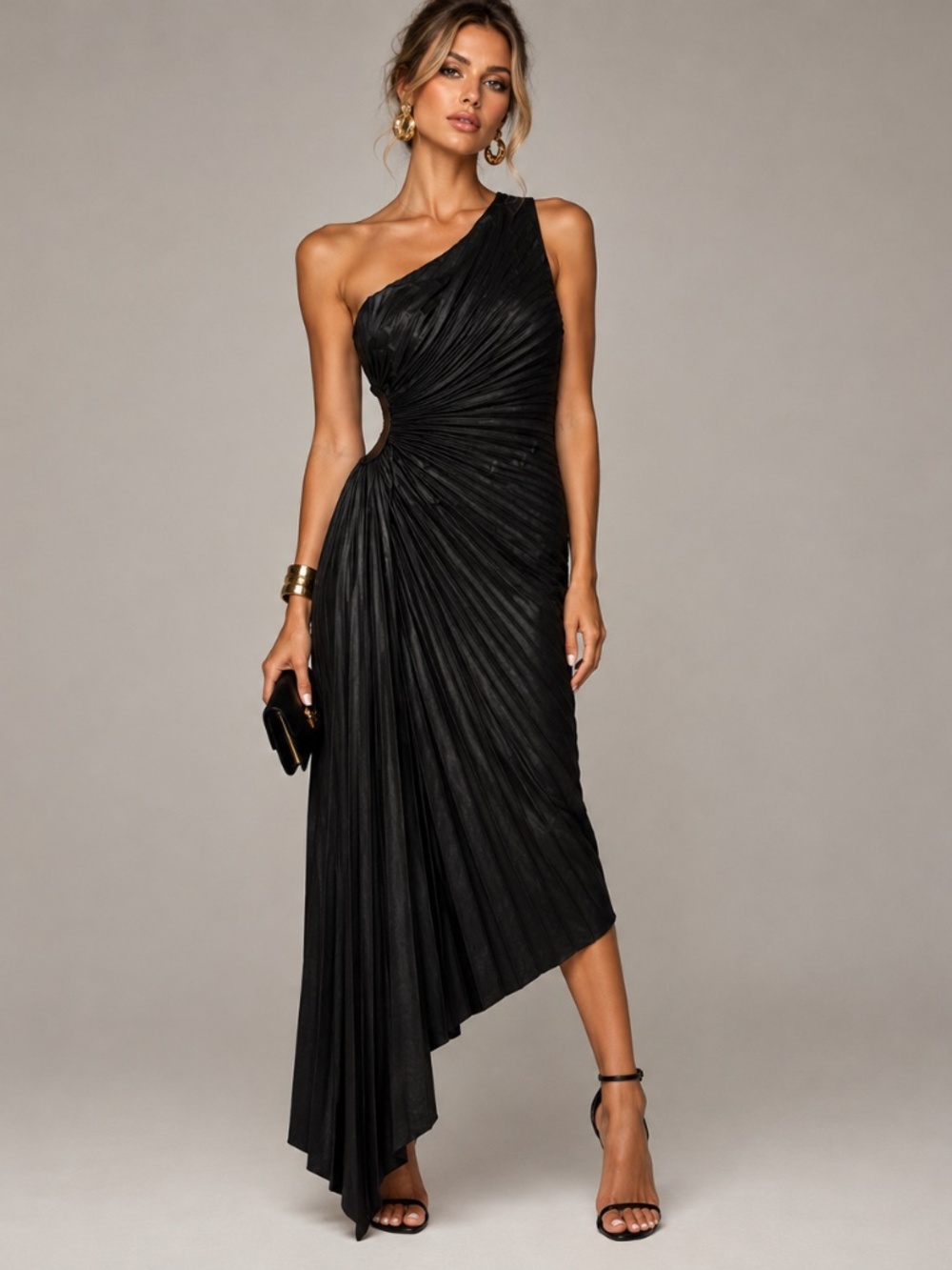 NWT Express Black Pleated One Shoulder Cutout Asymmetrical Midi Dress Sz S LBD